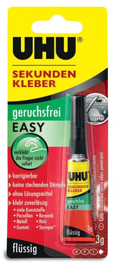 UHU SEKUNDEN ALLESKLEBER geruchsfrei EASY flüssigGeruchsfreiEinfache HandhabungBleibt ca. 15 Sekunden korrigierbar abhängig von Material, Luftfeucht