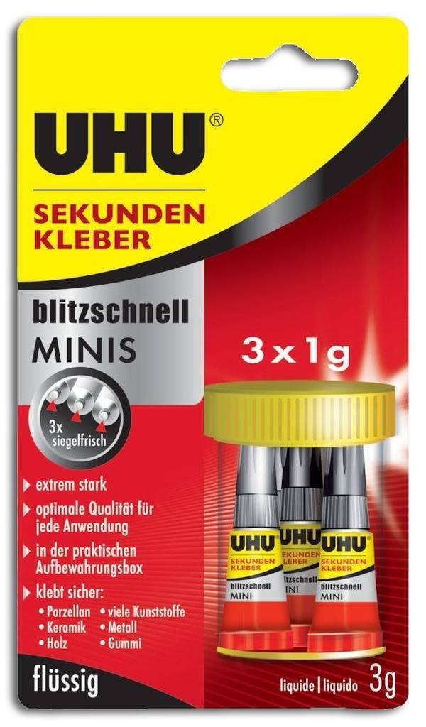 UHU SEKUNDENKLEBER blitzschnell MINIS 3x1 g flüssigExtrem starker SekundenkleberPortioniert in 1-g-Tuben, in praktischer AufbewahrungsboxFließt in