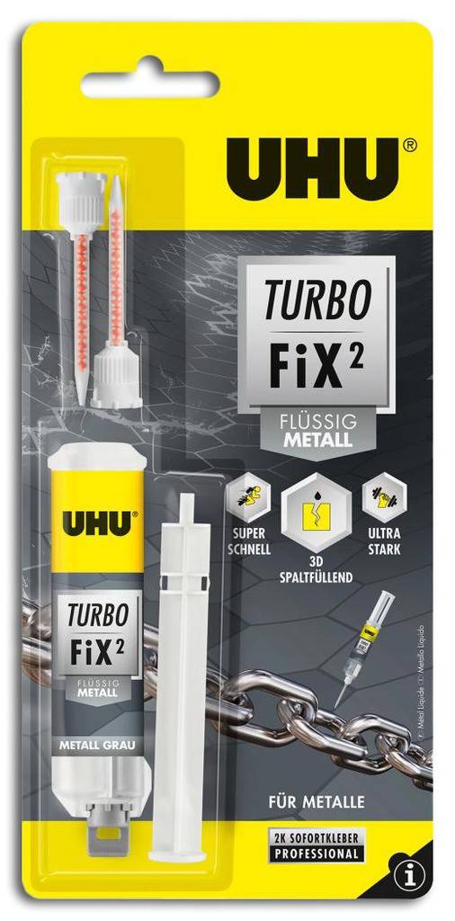 UHU TURBO FIX FLÜSSIG METALLProduktbeschreibung 2-Komponenten-Schnellreparaturklebstoff auf Cyanacrylatbasis Extrem stark, schnell und spaltfü