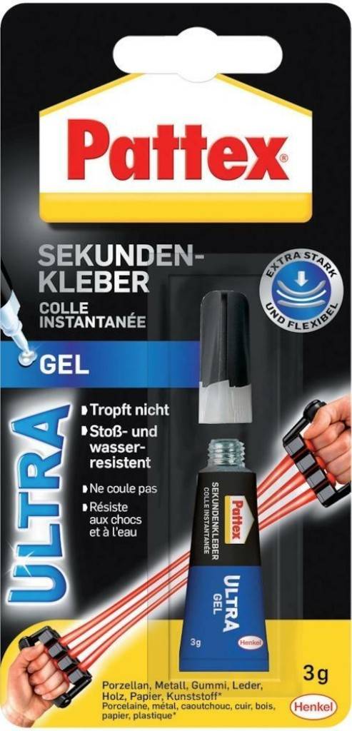 Pattex Sekunden-Alleskleber Ultra GelProduktmerkmale Cyanacrylat-Klebstoff Klebt Porzellan, Keramik, Holz, Leder, Gummi, Kunststoffe z.B. PVC, A