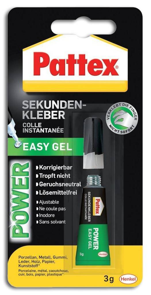 Pattex Sekundenkleber Power Easy Gel Lösemittelfreie und geruchsneutrale Gel-Rezeptur Einfach in der Anwendung Zusätzliche Zeit zum Verkleb