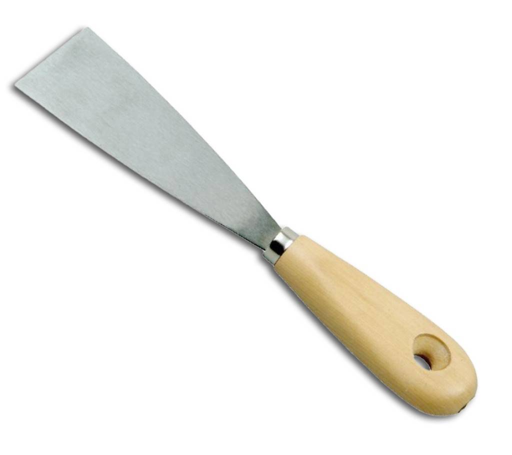 MalerspachtelAusführung Blatt aus Stahl, flexibel, flach-ovaler Holzgriff mit Aufhängeloch.
