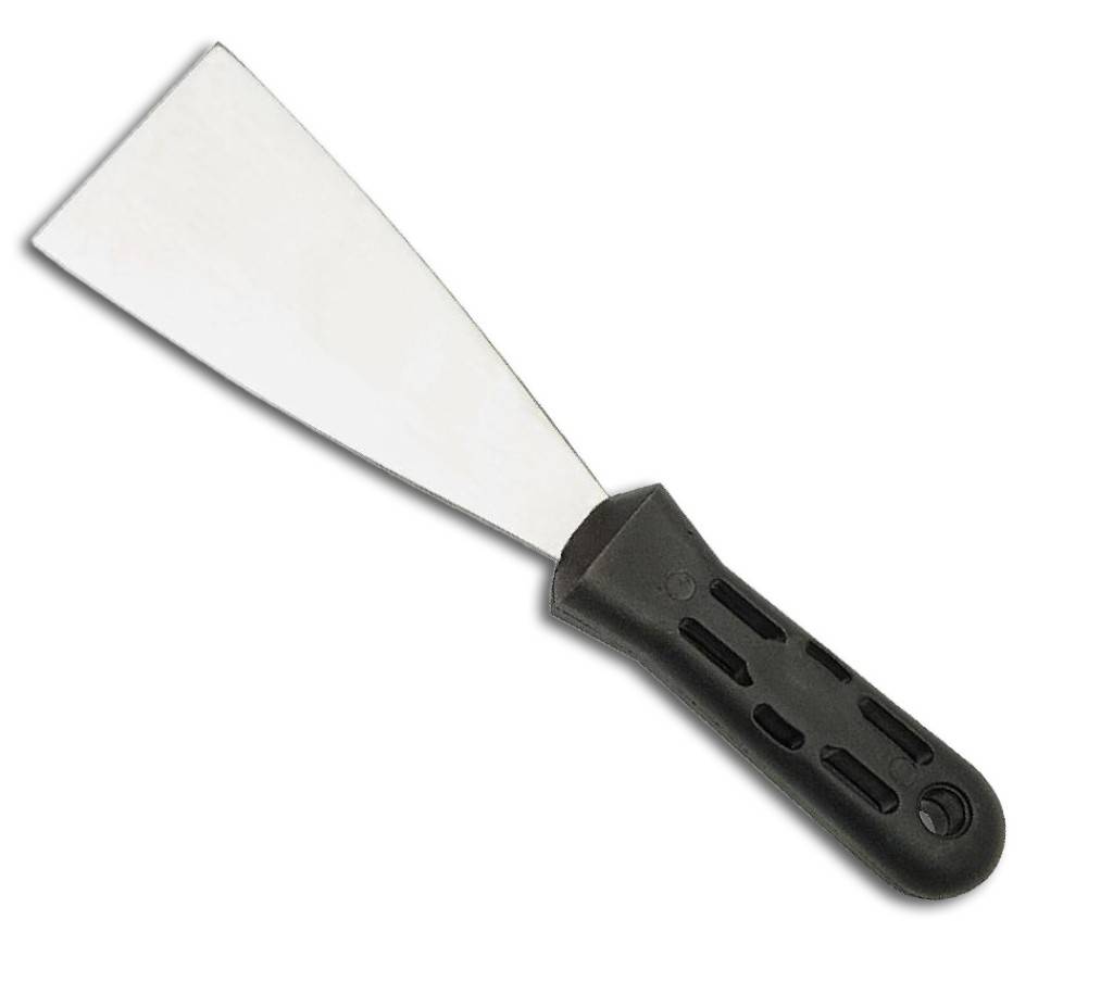 MalerspachtelAusführung Blatt aus rostfreiem Edelstahl, mit Kunststoffheft mit Aufhängeloch.
