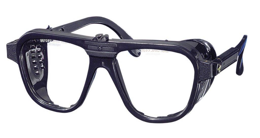 Nylonbrille SchutzbrilleSchutzbrille in schwarz mit in der Länge verstellbaren Bügeln und ovalen Gläsern Glasgröße 62 x 52 mm.Variante mit farblo