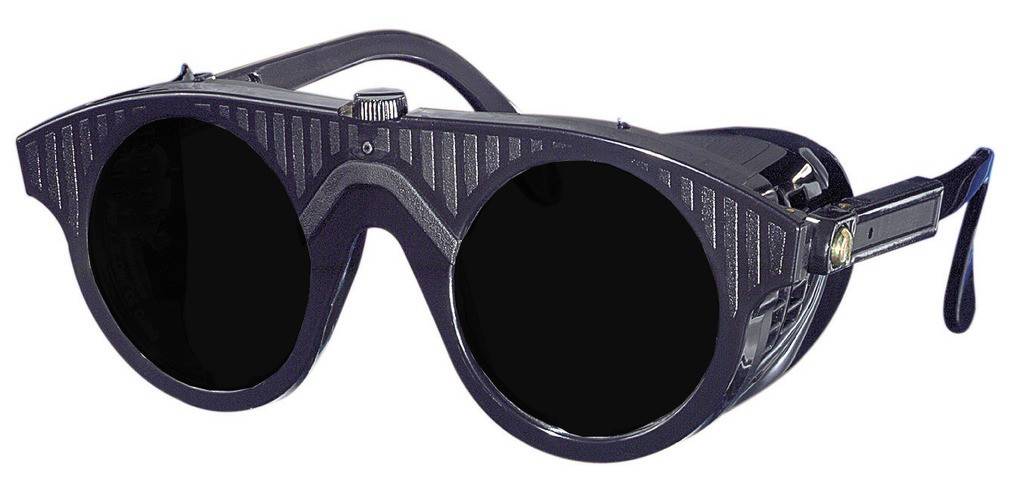 Nylonbrille SchutzbrilleSchwarz mit in der Länge verstellbaren Bügeln und runden Gläsern Glasgröße 50 mm.Mit Mittelschraube für leichten Glasaus
