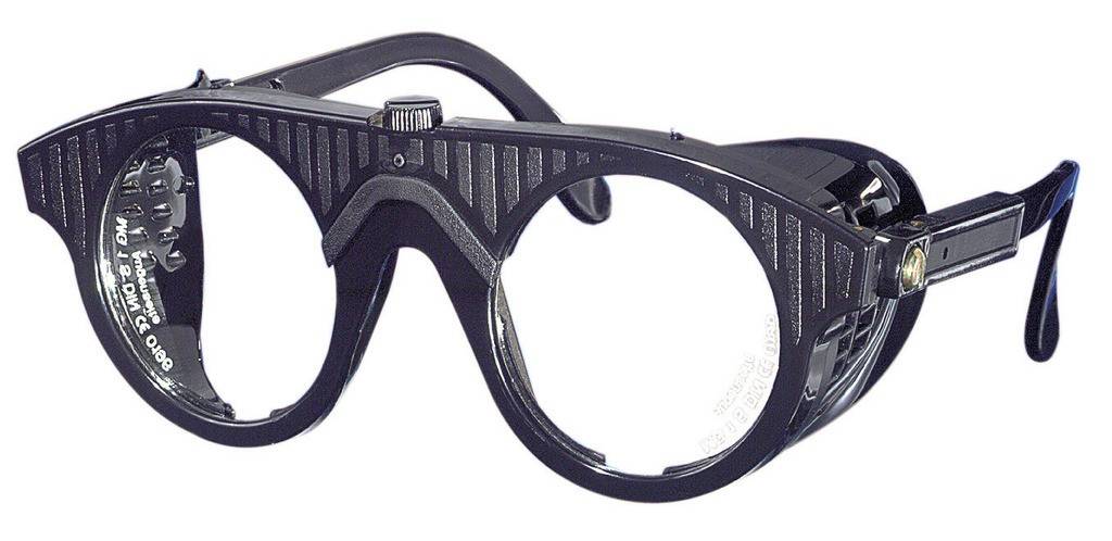 Nylonbrille SchutzbrilleSchwarz mit in der Länge verstellbaren Bügeln und runden Gläsern Glasgröße 50 mm.Mit Mittelschraube für leichten Glasaus