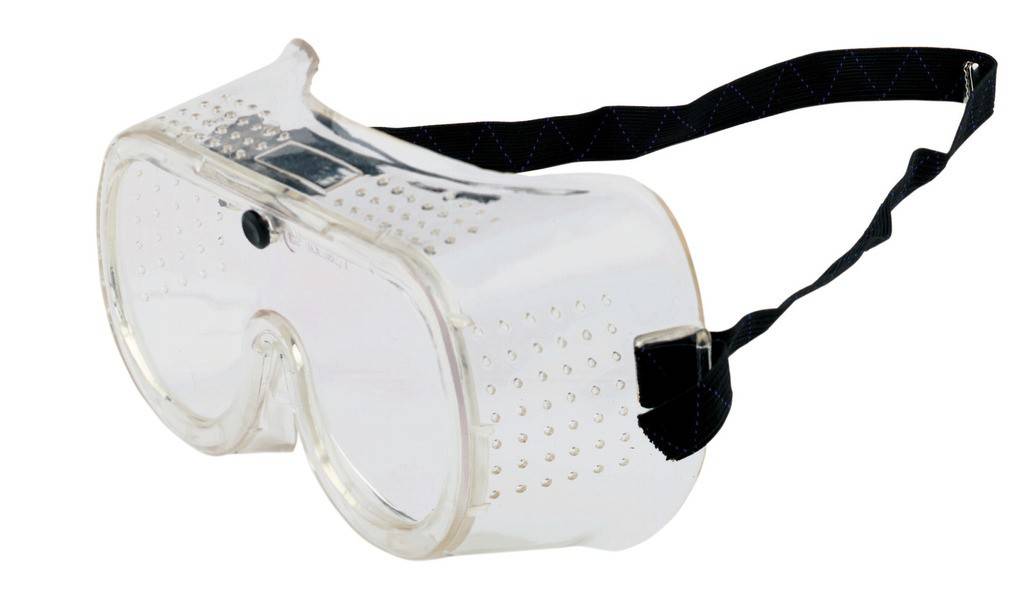 Vollsichtschutzbrille aus leichtem, weichem Kunststoff mit seitlicher Perforation zur Beluumlftung.