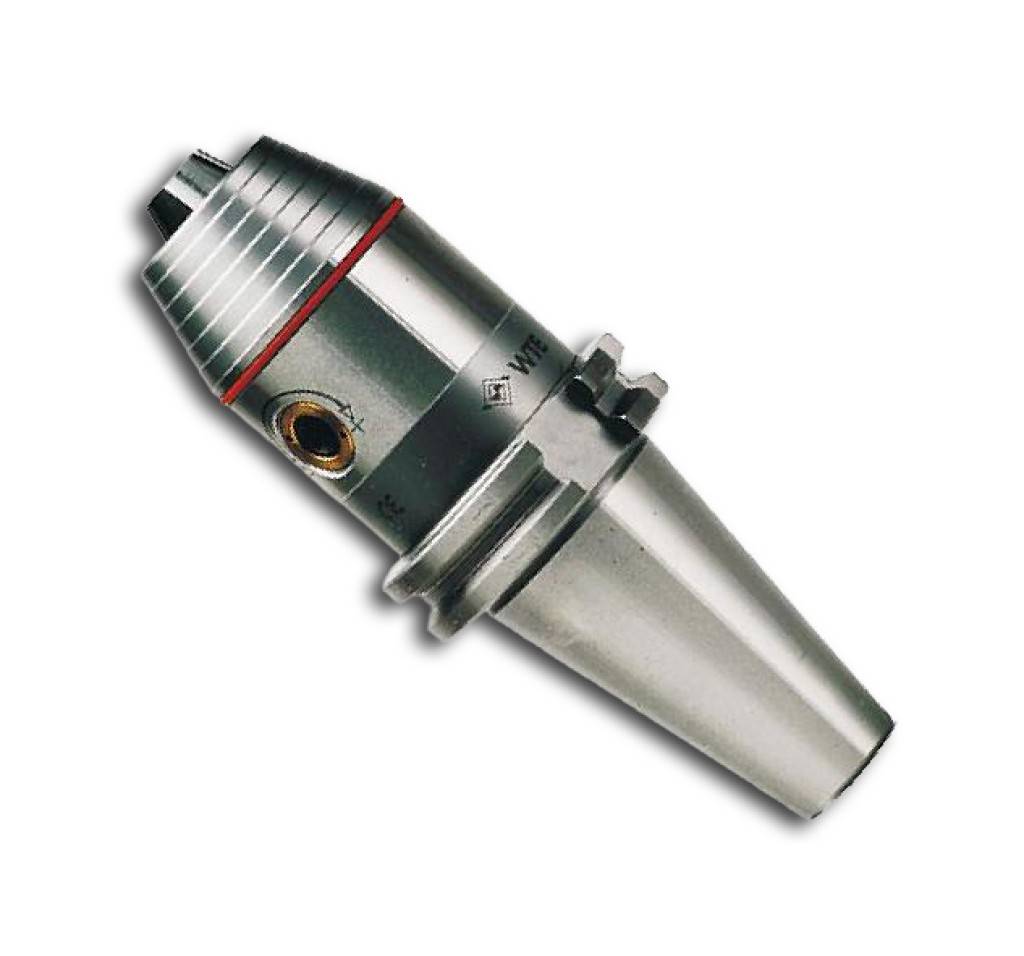 Ein Metallbohrfutter, zylindrisch mit gerillter Oberseite und konischem Boden, das zum sicheren Halten von Bohrern in einer Werkzeugmaschine verwendet wird.