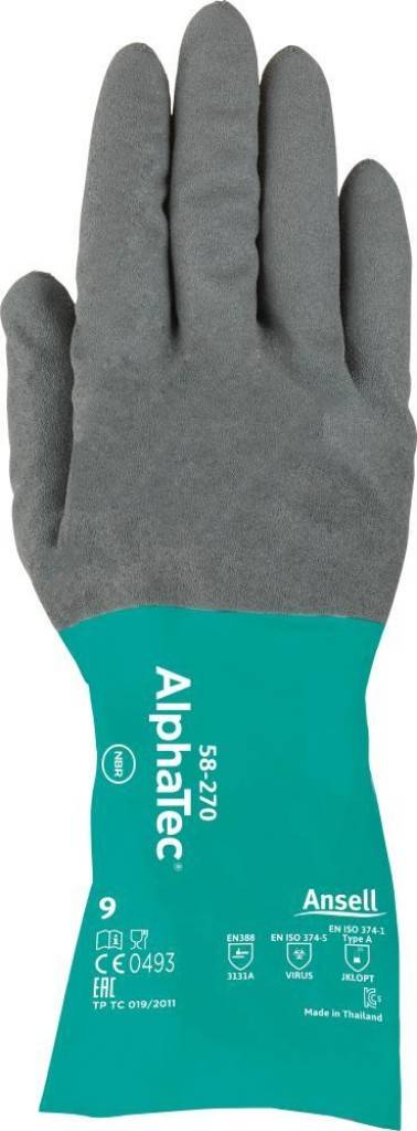 Chemikalienschutzhandschuh AlphaTec 58-270Zulassung/Norm EN 3882003, EN 3882016, EN ISO 374-12016 Type A, EN ISO 374-52016 VIRUS, EN 4202003 A12009