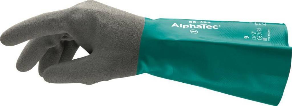 Chemikalienschutzhandschuh AlphaTec 58-435Zulassung/Norm EN ISO 374-12016 AJKLOPT, EN 3742003 AJKL, EN ISO 374-52016, EN 3882016, EN 4202003 A12009