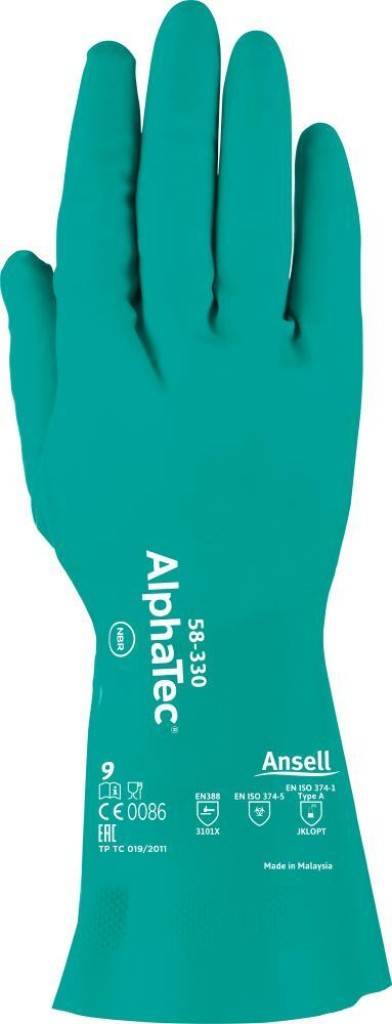 Chemikalienschutzhandschuh AlphaTec 58-330Zulassung/NormEN ISO 374-12016 JKLOPT, EN ISO 374-52016, EN 3882016, EN 4202003 A12009, EN 3742003