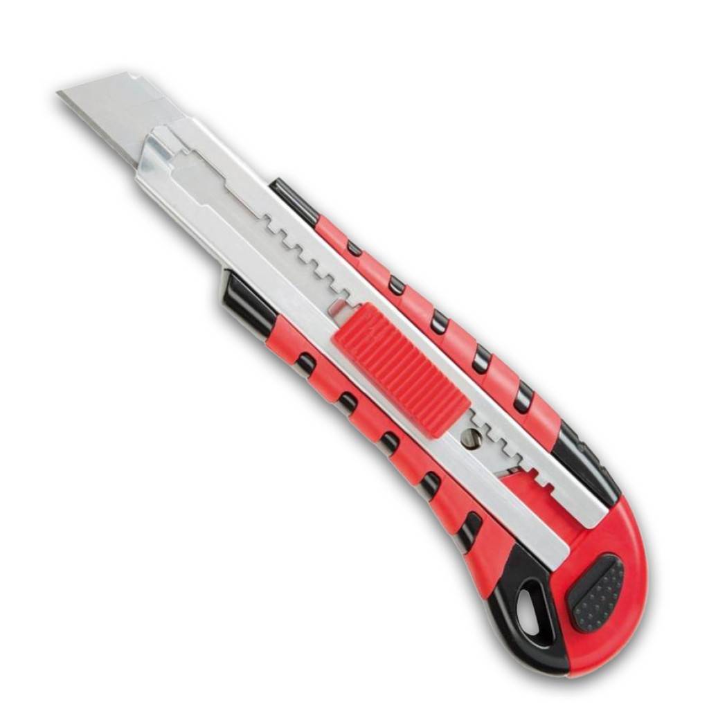 CuttermesserAusführung Zink-Druckgussgehäuse mit Gummieinlage, Metall-Klingenführung und Klingendepot mit automatischem Klingennachschub. Fixierung