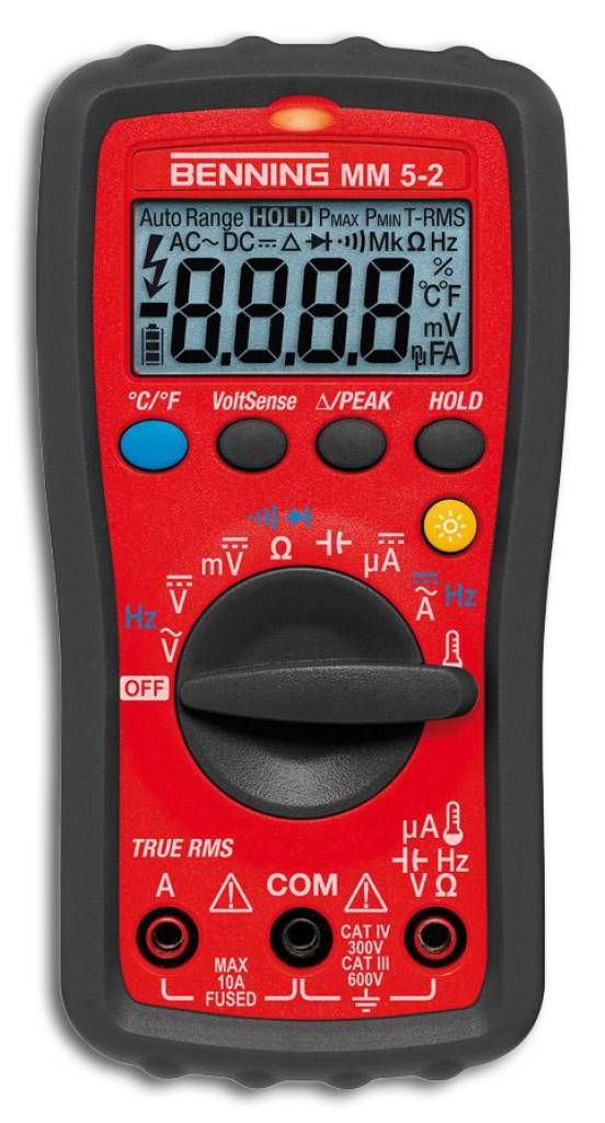 Digital-Multimeter MM 5-1Ausführung Gehäuse aus schlagfestem Kunststoff mit integriertem Gummischutzrahmen. Mit Voltsensor und TRUE RMS-Messverfahre