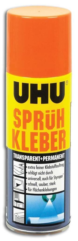UHU SPRÜHKLEBER permanent transparentProduktbeschreibung Transparenter Kontaktkleber Gleichmäßiges Sprühbild Klebstoffdüse verklebt nic