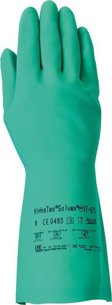 Chemikalienschutzhandschuh AlphaTec Solvex 37-675Zulassung/NormEN 3882016, EN ISO 374-12016 Type A, EN 374, EN ISO 374-52016 VIRUS, EN 4202003