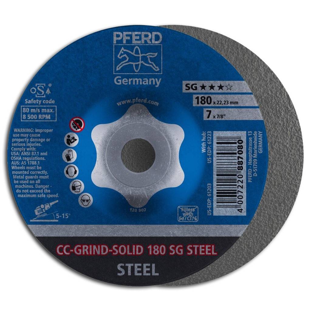 Schleifscheibe CC-GRIND-SOLID SG STEEL für die StahlbearbeitungAusführungKeramikkorn CO auf zerreißfestem, starkem Glasgewebeträger, gleichmäßig