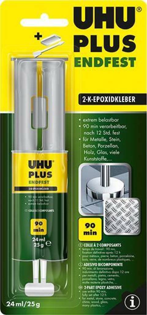UHU PLUS ENDFEST Dopplekammer-SpritzeProduktmerkmale Zwei-Komponenten-Klebstoff auf Epoxidharz-Basis Lösungsmittelfrei Die Klebeverbindung i
