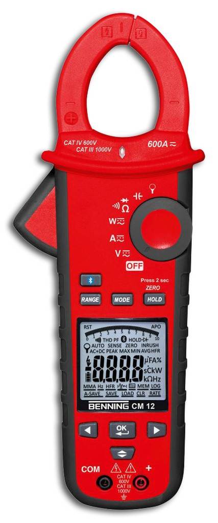 Digital-Stromzangen-Multimeter CM 12AusführungGehäuse aus schlag- und bruchfestem Kunststoff mit Softgrip-Einlagen und automatischer Abschaltfunktio