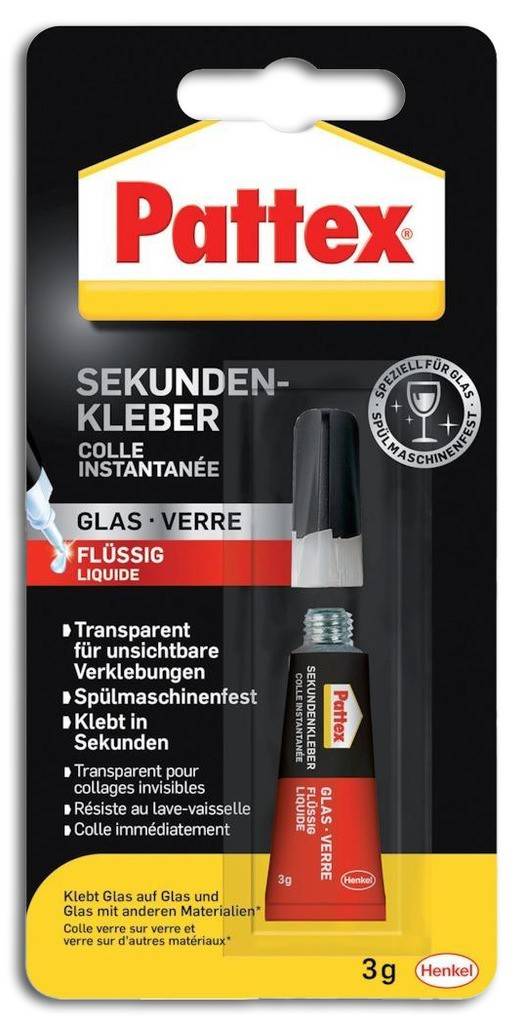 Pattex Sekundenkleber Glas flüssigEigenschaften Cyanacrylat-Klebstoff Nicht geeignet für gewachste und geölte Oberflächen, Polypropylen, Pol