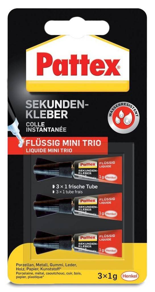 Pattex Sekundenkleber Classic flüssig Mini Trio Extrem leistungsstark Lösemittelfrei Fließt in allerkleinste Spalten Praktische Portio