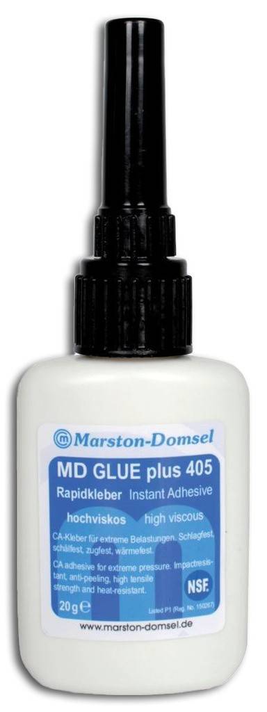 MD-GLUE Sekundenkleber plus 405Eigenschaften Hochviskos Rapidkleber CA-Kleber NSF Listed P1 Reg. No. 150267 Schlagfest, schälfest, zug