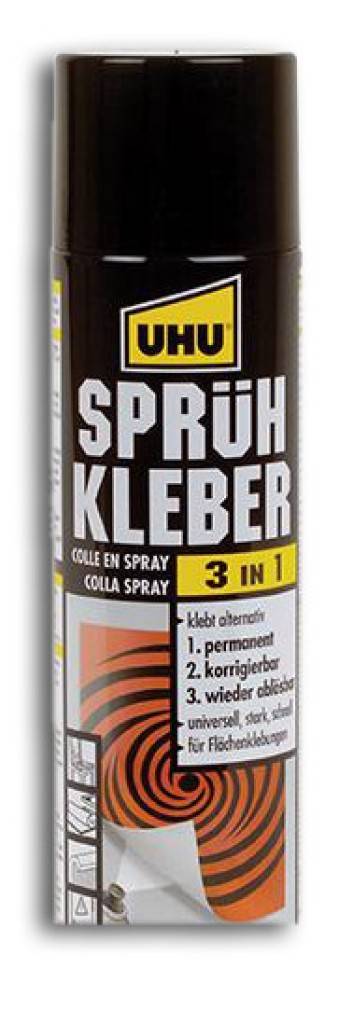 UHU SPRÜHKLEBER 3 in 1Produktbeschreibung Universeller Klebstoff für Flächenklebungen Klebt alternativ permanent, korrigierbar oder wieder ab