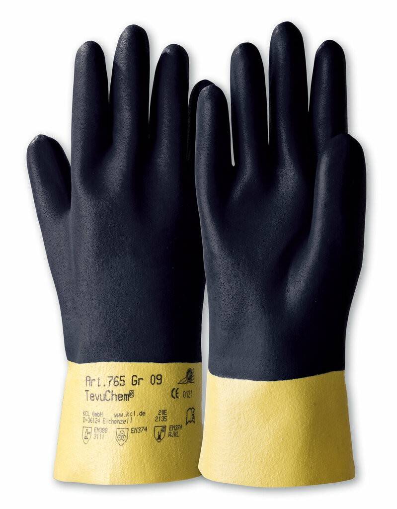 Ein Paar schwarze und gelbe Schutzhandschuhe mit chemikalienresistenter Auslegung, gekennzeichnet mit dem Etikett „TevuChem 765 Gr 09