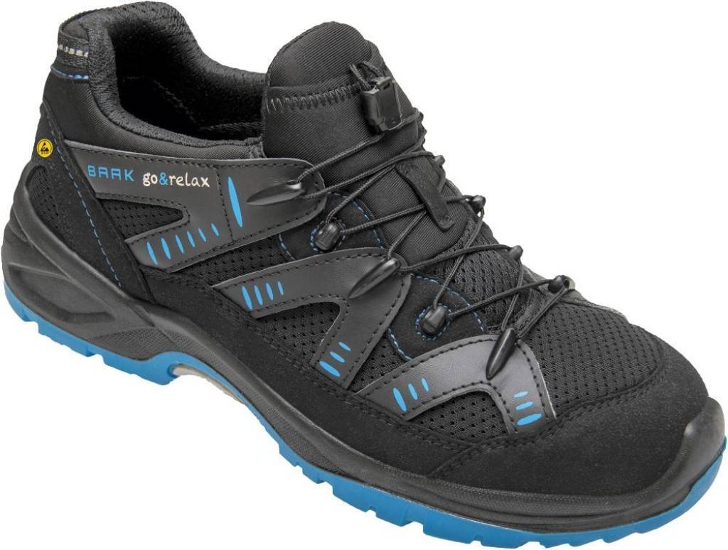 Ein schwarz-blaues Wanderschuh mit blauen Akzenten, Mesh-Obermaterial und einer gepolsterten Sohle. An der Seite steht „go&relax