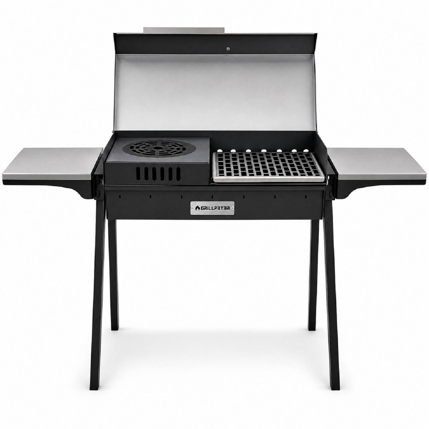 Schwarzer Außengrill mit Seitenregalen, geöffnetem Deckel und Kochrosten auf vier Beinen vor weißem Hintergrund.