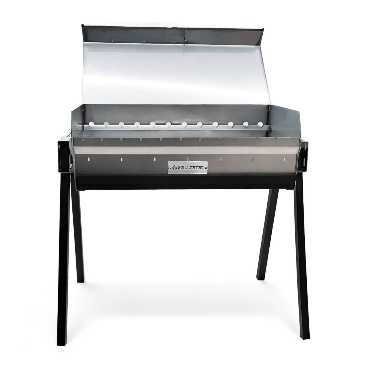 Ein Edelstahlgrill mit rechteckigem Design und abnehmbarem Deckel, gestützt durch vier schwarze Beine, geeignet zum Grillen im Freien.