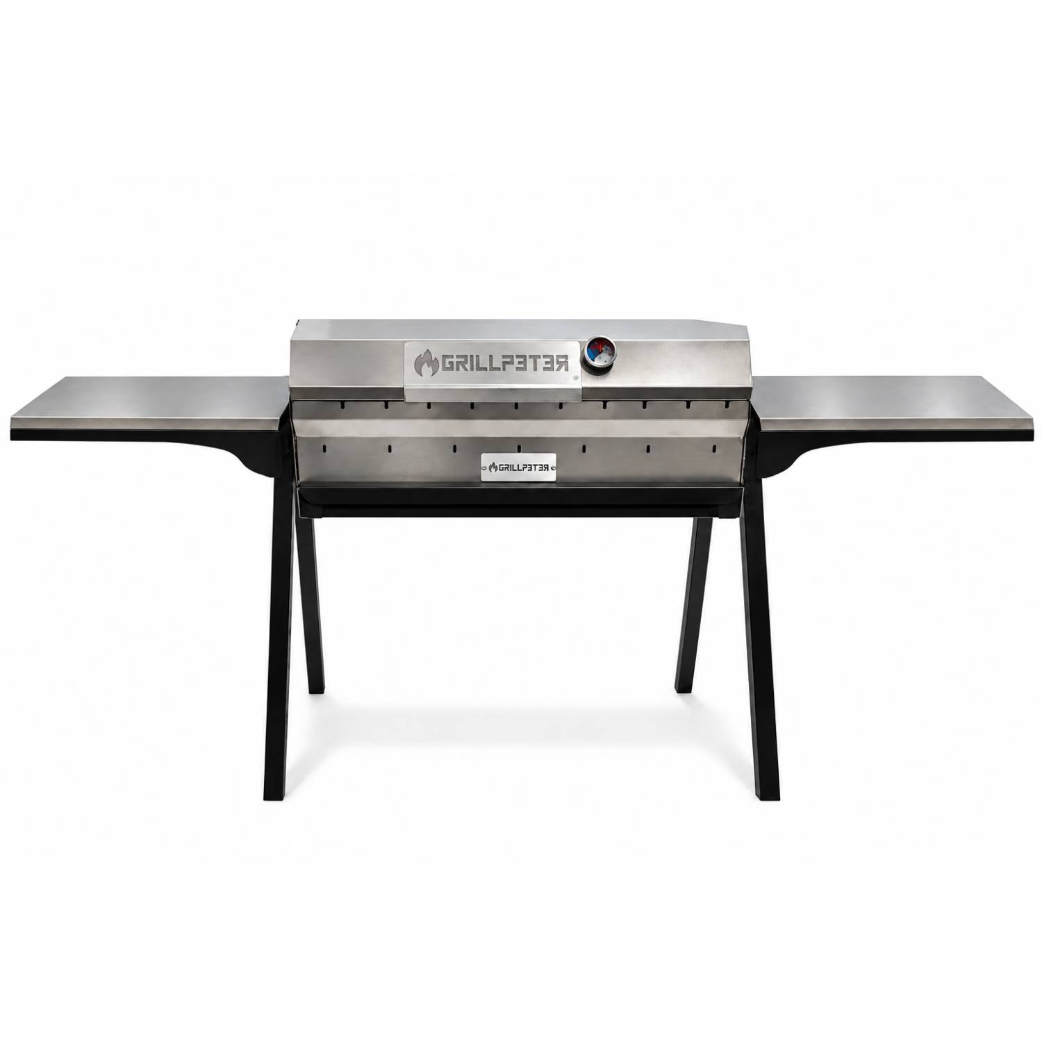 Grillrost aus Edelstahl GrillP33 Grillgerät mit seitlichen Ablagen auf schwarzen Beinen, Vorderansicht auf weißem Hintergrund.
