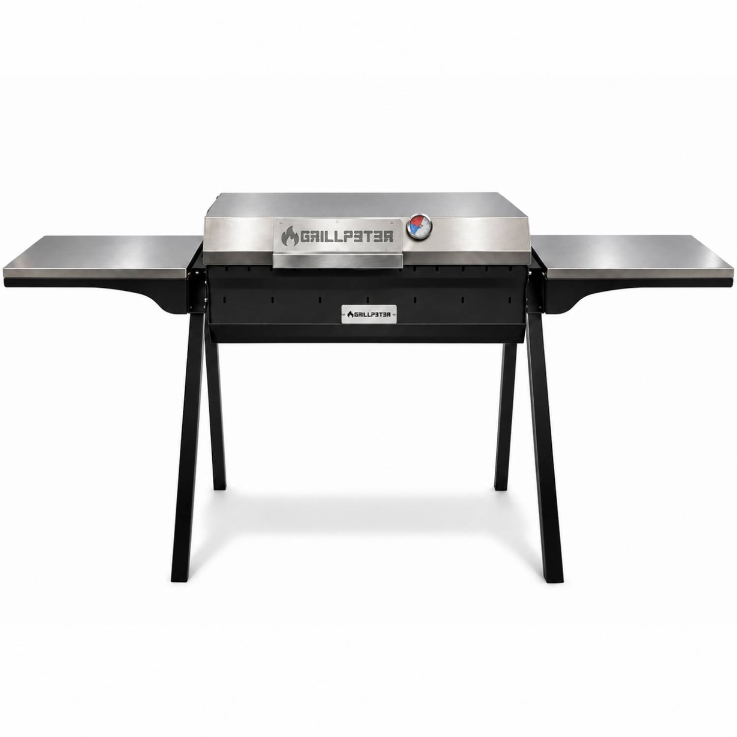 Edelstahl Grilla Grills Pelletgrill mit Seitenregalen und Temperaturregler, frontal auf weißem Hintergrund abgebildet.