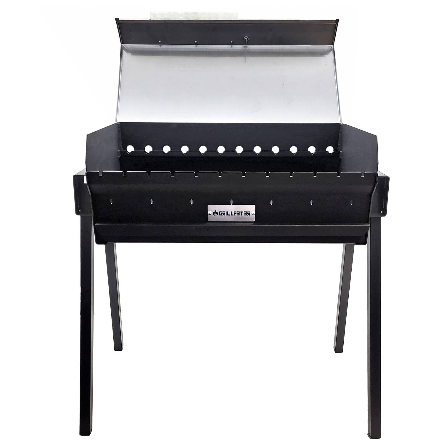 Ein schwarzer Metall-Grillwagen mit rechteckiger Grillfläche, offener Oberseite und stabilen Beinen. Perfekt zum Outdoor-Grillen und Kochen.