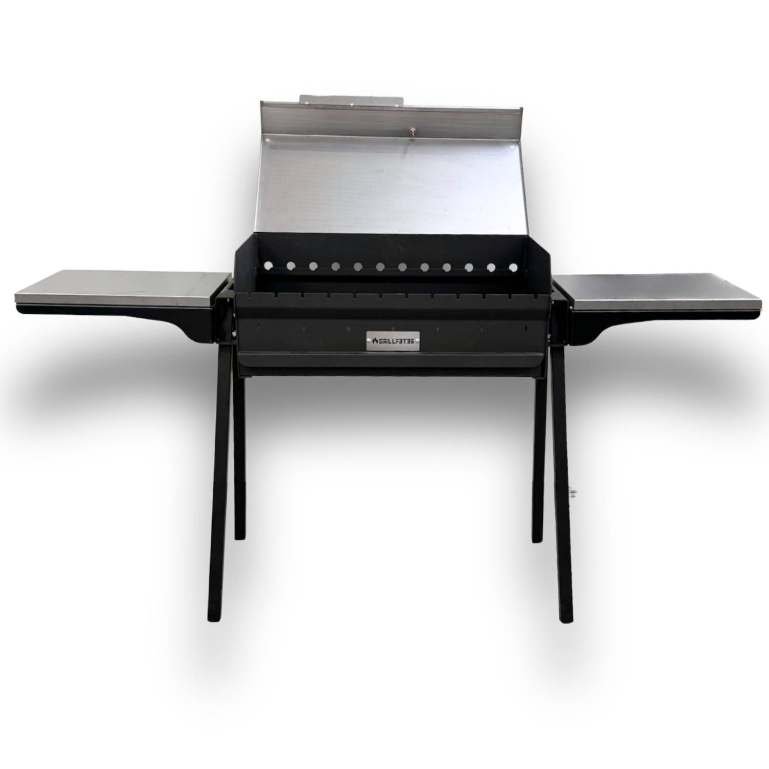 Schwarzer Außen-Grill mit Seitenablagen und geöffnetem Deckel, shown auf weißem Hintergrund.
