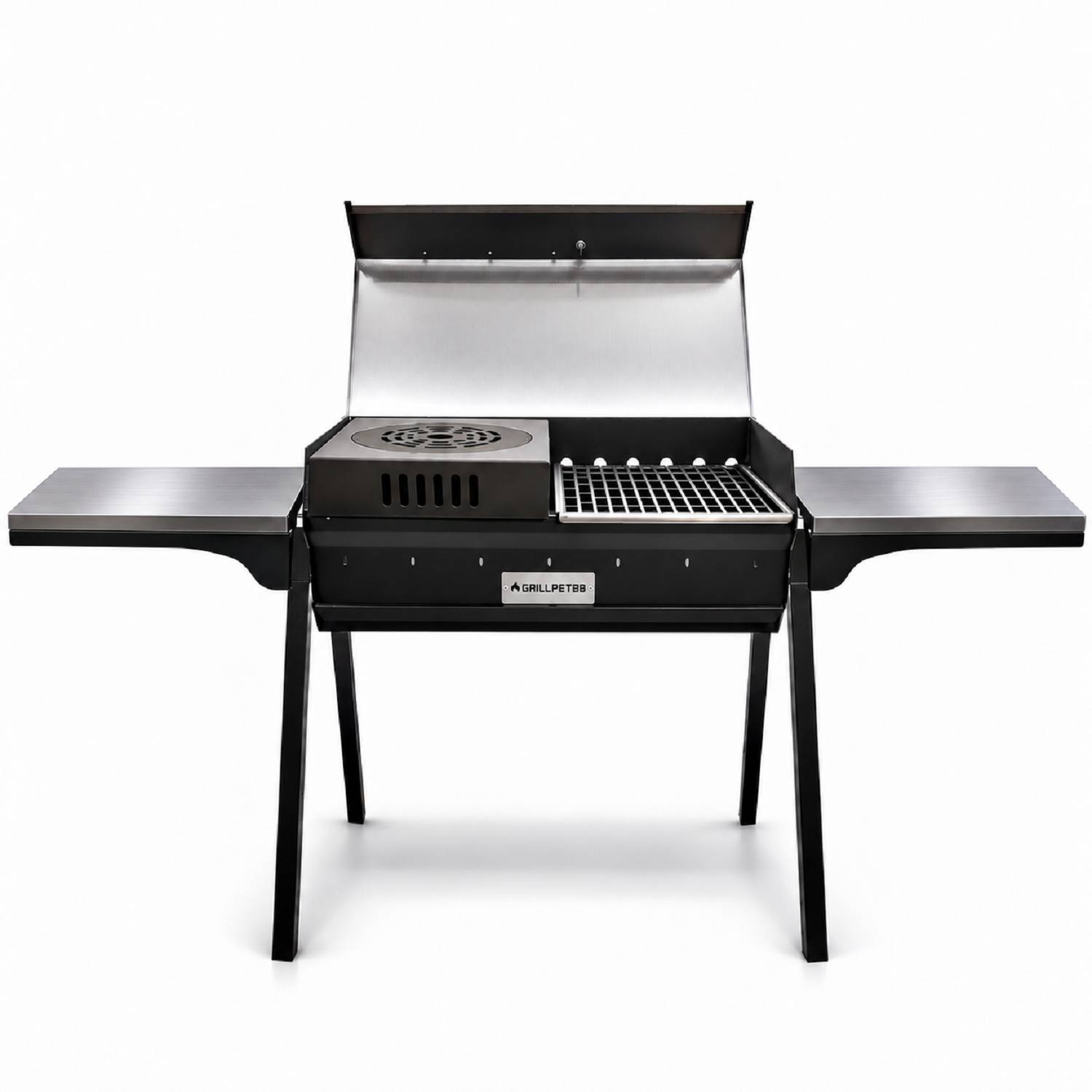 Schwarzer Außengrill mit offenen Deckel, Seitenregalen, Kochrost und vorderer Auffangschale, auf weißem Hintergrund dargestellt.