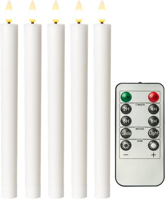 Goobay 5er-Set weiße LED-Echtwachs-Stabkerzen, inkl. Fernbedienung - mit Fernbedienung, Timerfunktion und 3D-Flammenkege