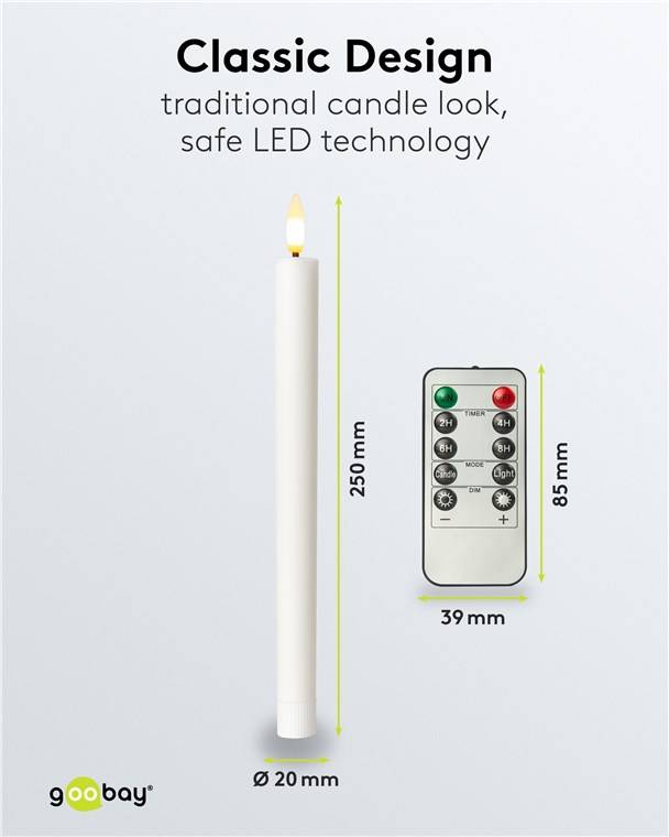 Goobay 5er-Set weiße LED-Echtwachs-Stabkerzen, inkl. Fernbedienung - mit Fernbedienung, Timerfunktion und 3D-Flammenkege