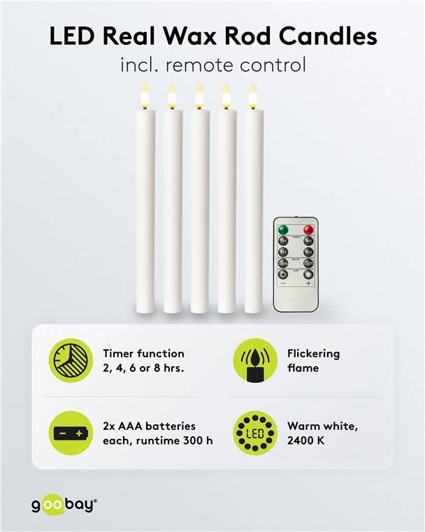 Goobay 5er-Set weiße LED-Echtwachs-Stabkerzen, inkl. Fernbedienung - mit Fernbedienung, Timerfunktion und 3D-Flammenkege