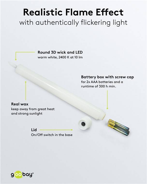 Goobay 5er-Set weiße LED-Echtwachs-Stabkerzen, inkl. Fernbedienung - mit Fernbedienung, Timerfunktion und 3D-Flammenkege