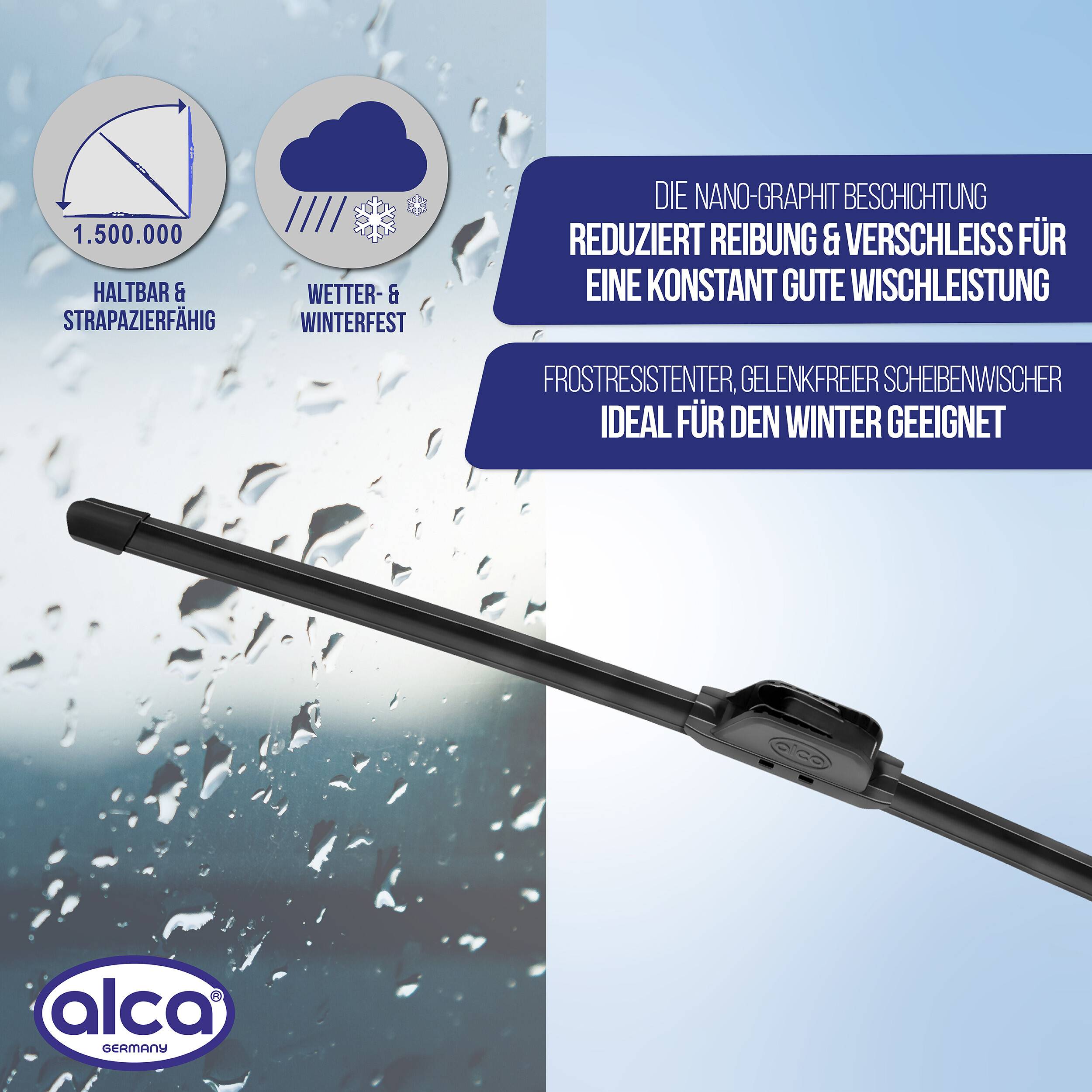 Scheibenwischer mit Nano-Graphit-Beschichtung für reduzierten Verschleiß, geeignet für Winter. Der Text hebt Haltbarkeit und Ganzjahresgebrauch hervor.