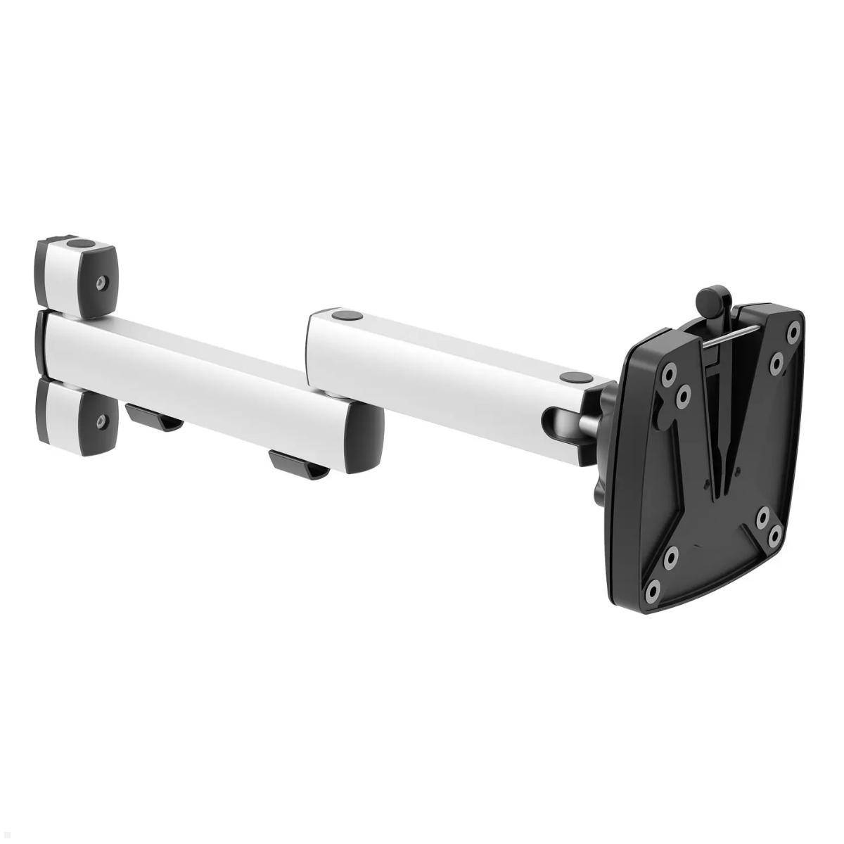 Verstellbare Weiß- und Schwarze Fernseh-Wandhalterung mit Doppelarm, konzipiert für sichere und flexible Fernsehpositionierung.