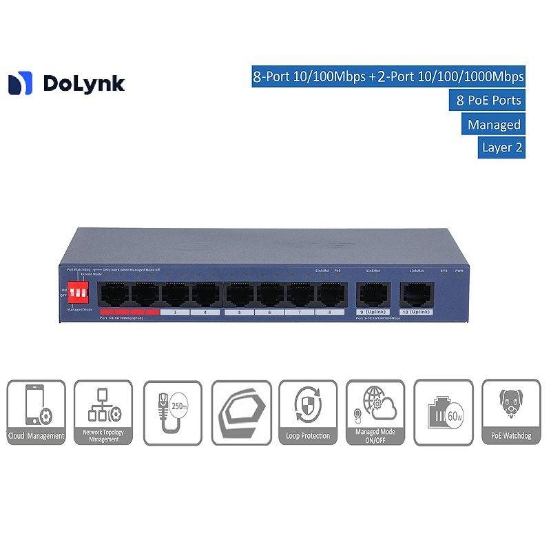 Dahua CS4010-8ET2GT-110 Switch 10-Port PoE, Switch, Zubehörartikel | Anwendung: Videoüberwachung | Farbe: Schwarz