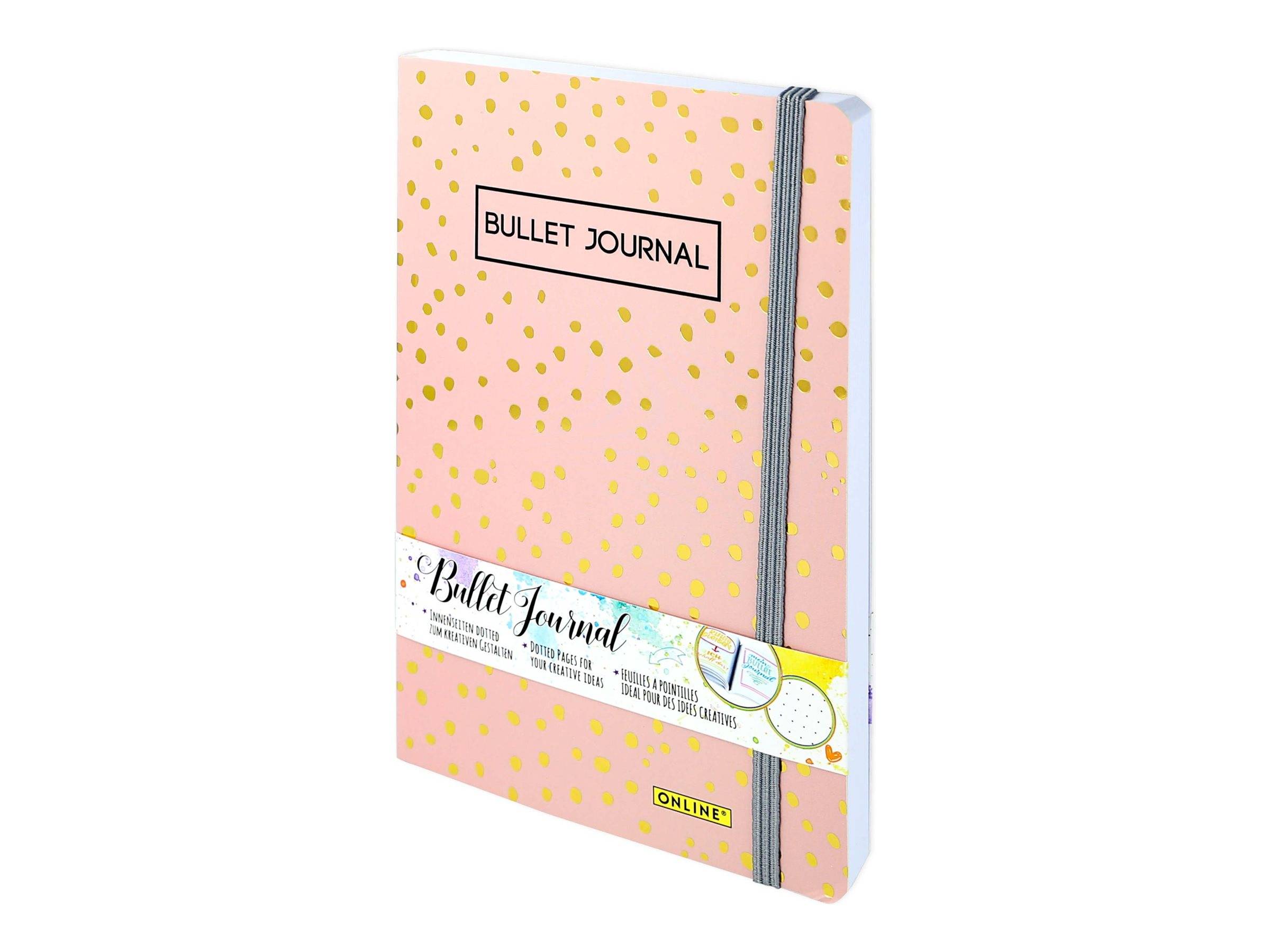 Rosa Bullet-Journal-Notizbuch mit weißen Punkten, grauem Gummiband und „BULLET JOURNAL