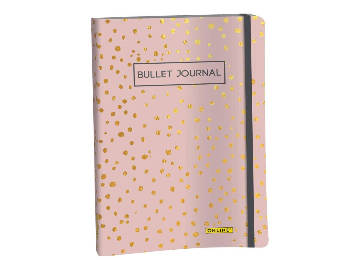 Rosa Bullet-Journal-Notizbuch mit goldenen Pünktchen, beschriftet mit „BULLET JOURNAL