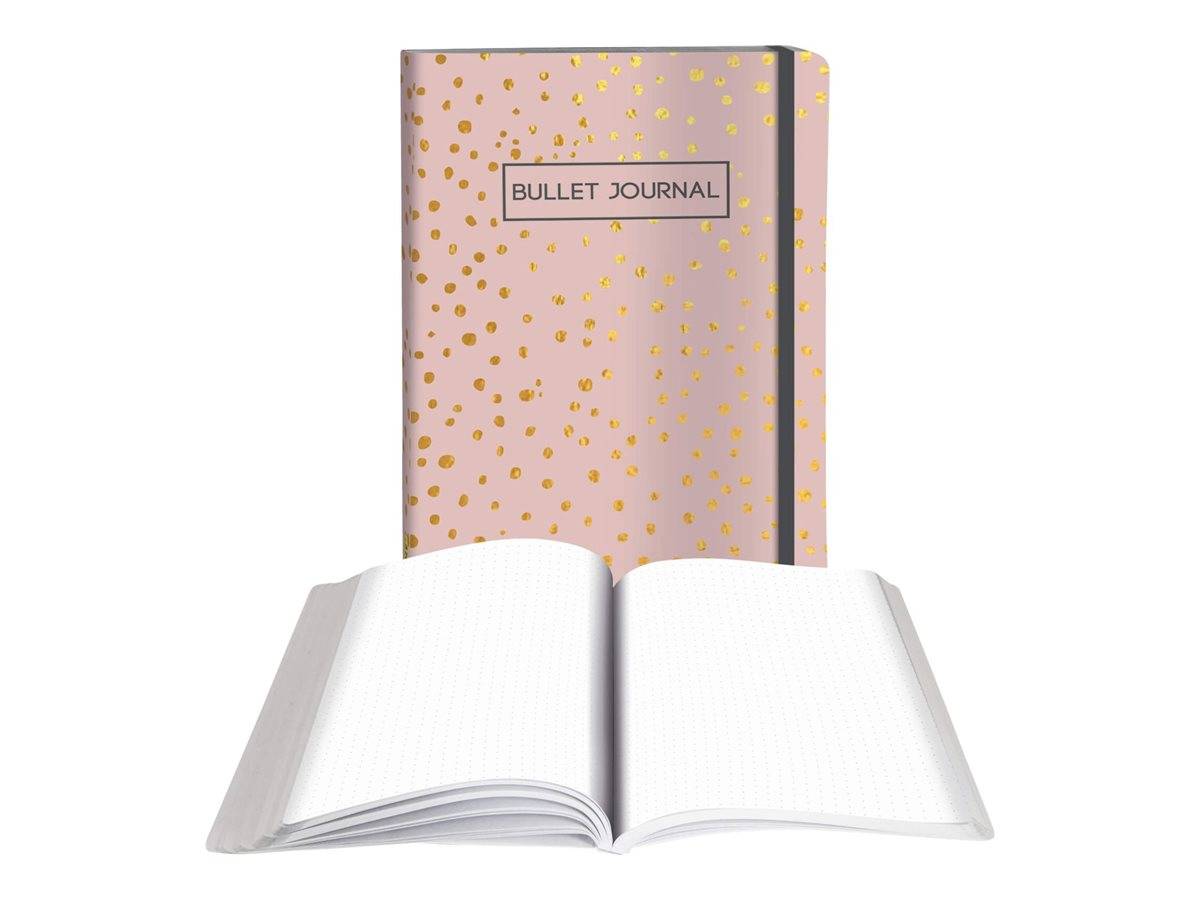 Rosa gepunktetes Bullet-Journal-Notizbuch, das hinter einem offenen leeren Notizbuch auf weißem Hintergrund steht.