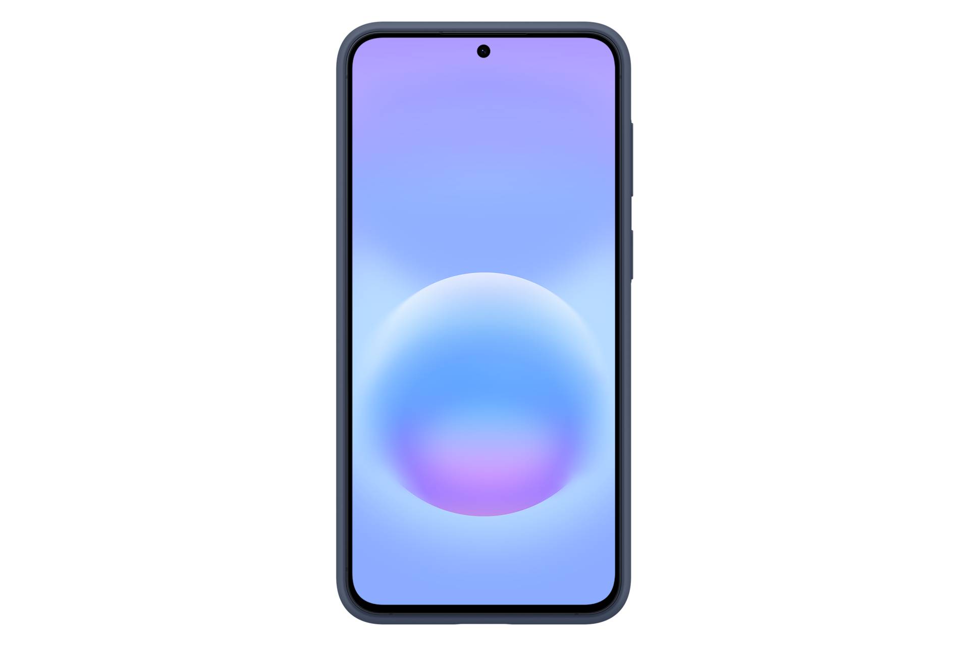 Vorderansicht eines Smartphones mit einem violett-blauem Farbverlauf auf dem Bildschirm und einer leuchtenden Kugel, die auf schwarzem Hintergrund zentriert ist.