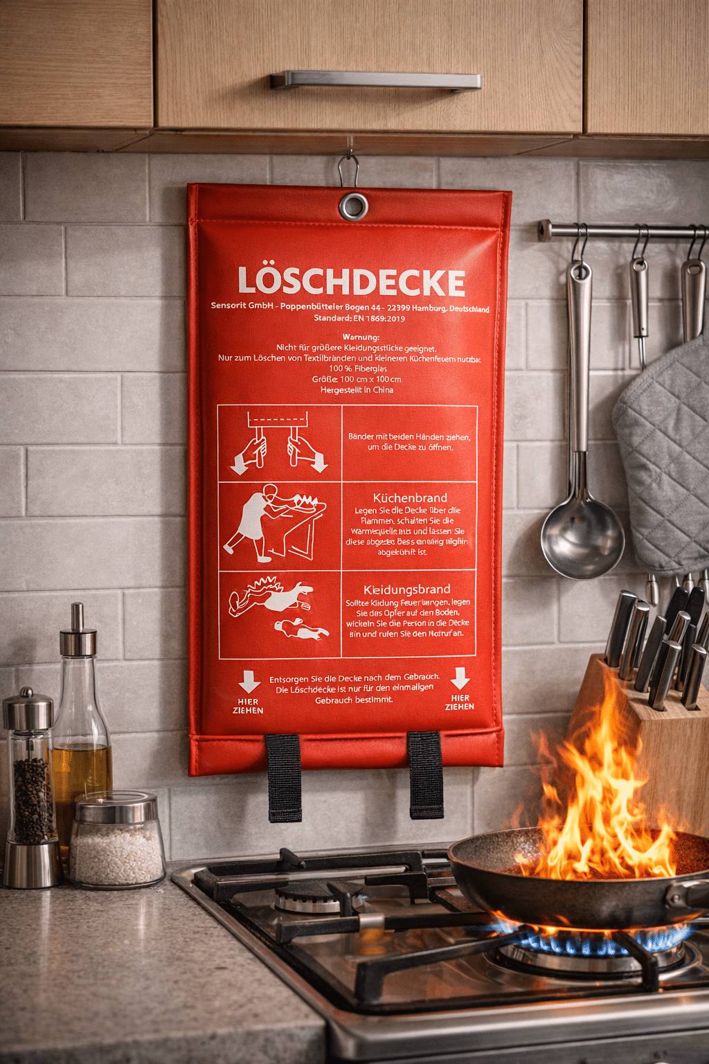 Löschdecke 120 x 120 cm, Feuerlöschdecke Brandschutzdecke Küche Fettbrände Auto Kamin uvm.