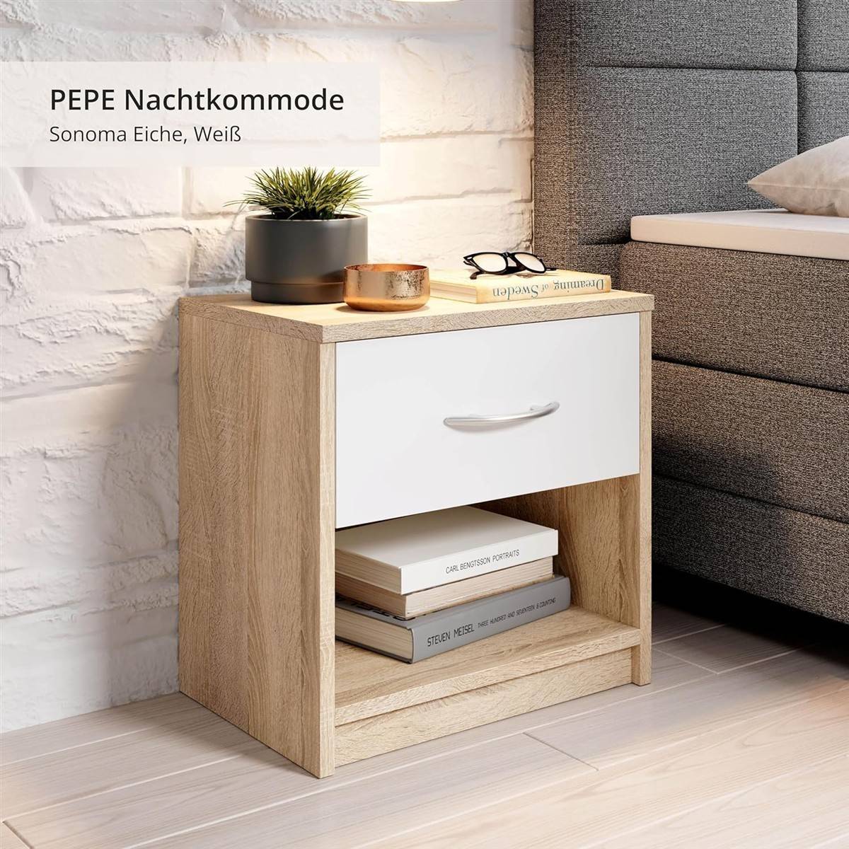 Stella Trading PEPE Nachttisch Eiche Sonoma Optik Weiß 39x41x 28 cm (B/H/T)