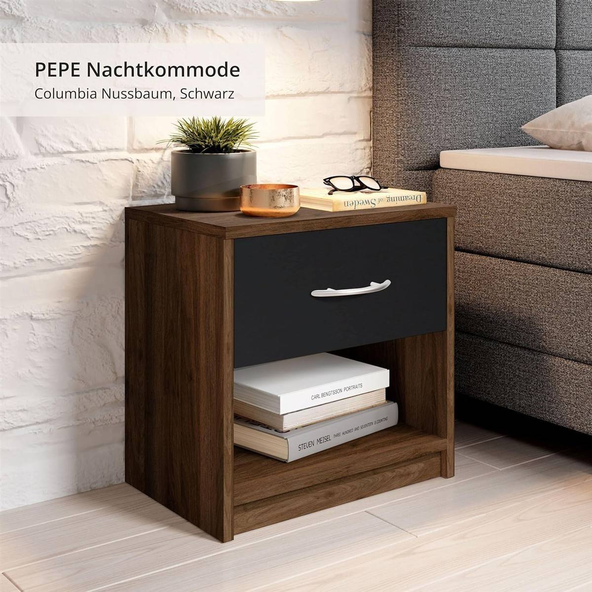 Stella Trading PEPE Nachttisch Columbia Nussbaum Schwarz 39x41x28 cm (B/H/T)