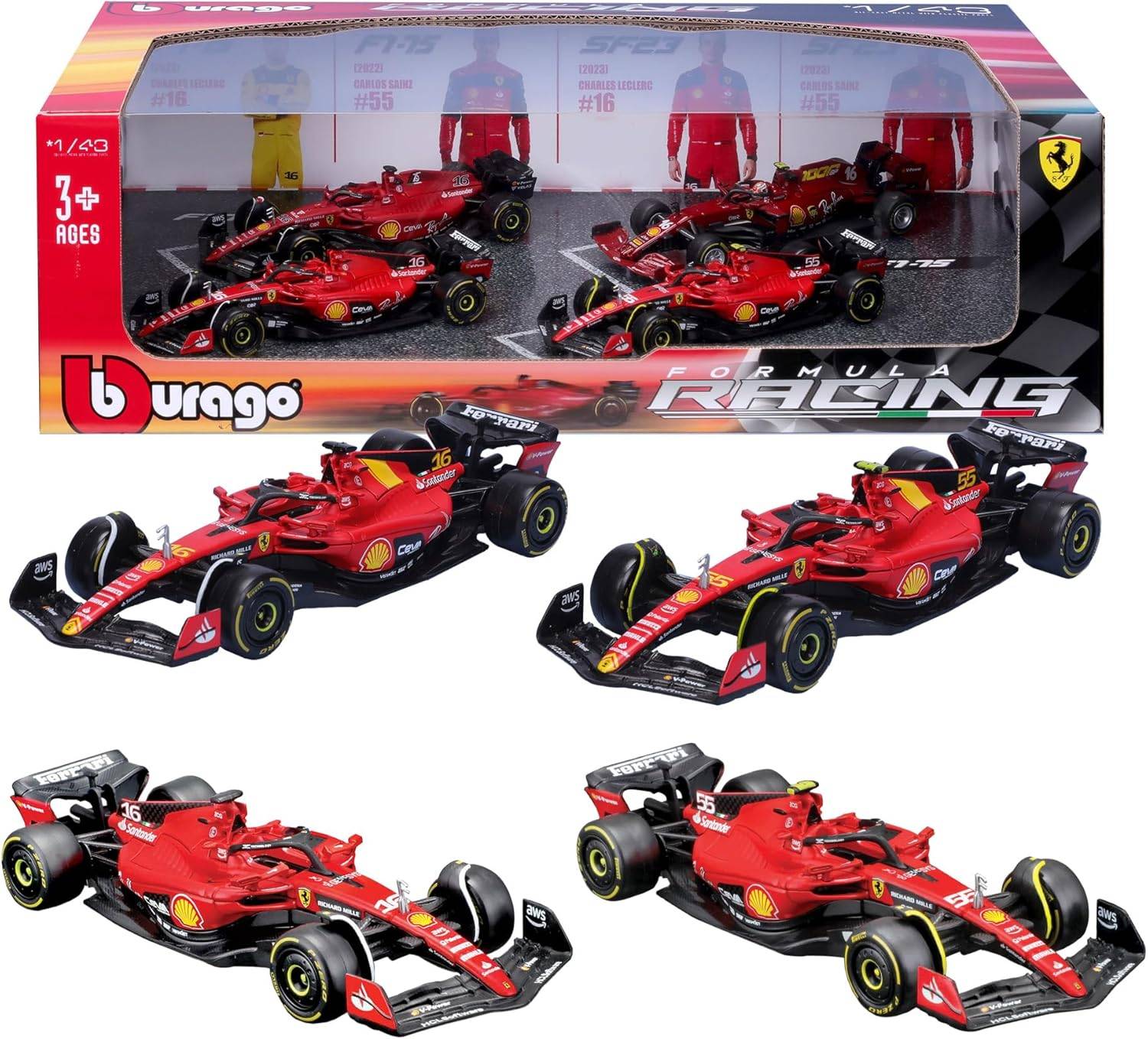 Bburago Geschenkpaket 4 F1 Ferrari SF-23-4 Modellautos 1:43 Ferrari-Lizenz 3+